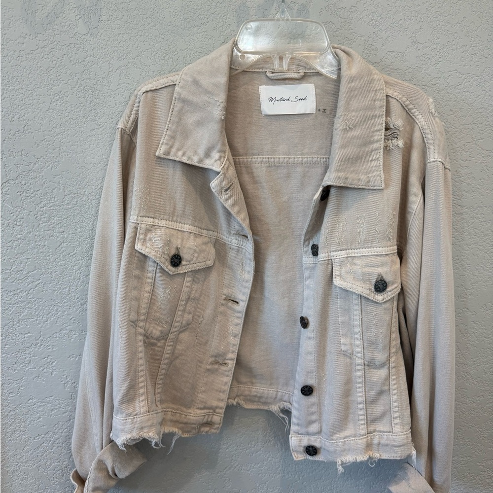 Cropped Denim Jacket - Light Beige